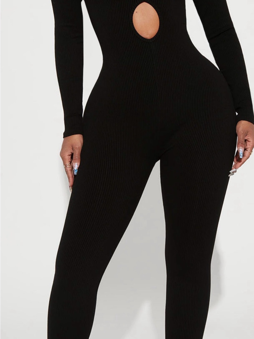 Fashion Nova Aqua Blue Snatched Ribbed Long-Sleeve Cutout Jumpsuit